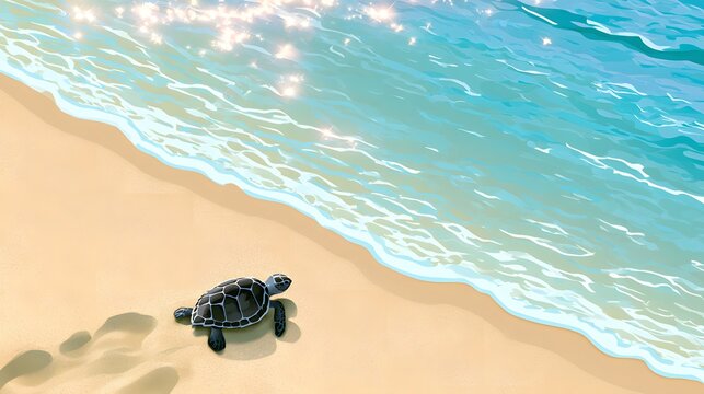 Small sea turtle crawling on sandy beach toward turquoise ocean