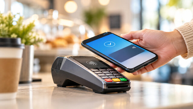 Customer paying contactless with smartphone at cafe checkout