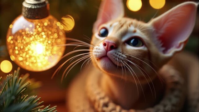 Fuchsrote Katze blickt staunend auf Weihnachtsdekoration