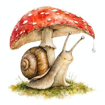 Funny Snail Sheltering Under Red Toadstool Like An Umbrella