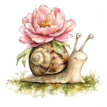 Watercolor Snail Wearing Big Pink Blossom Like A Fancy Hat