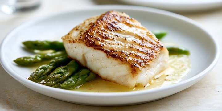 Pan-seared halibut with asparagus and lemon butter receives minimal restaurant plating. Soft daylight and restrained composition express refined seafood dining.