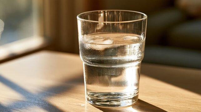Minimalist still life: glass of water catching light on a tabletop