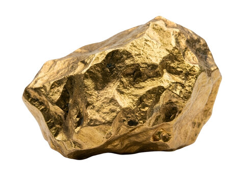Single raw gold nugget with metallic texture and irregular shape isolated on transparent background for financial investment or wealth concepts presented in a clean studio lighting setup