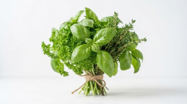 Fresh bunch of herbs including basil, parsley and thyme isolated on white background