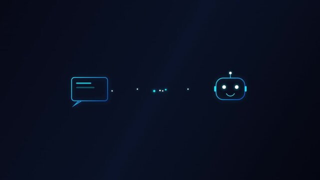 A digital illustration of a chatbot and message bubble on a dark background with glowing effects
