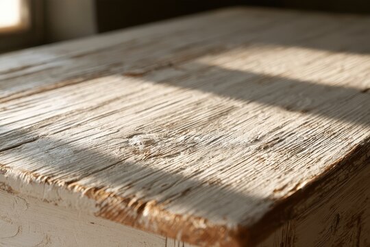 Old whitewashed wooden tabletop with weathered paint and rustic grain