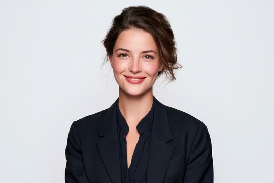 Polished businesswoman in formal attire captured in an approachable studio portrait