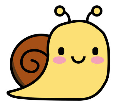 Cute kawaii yellow snail character with brown spiral shell, smiling face, blushing pink cheeks, and black outline, flat vector illustration