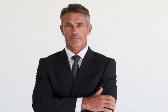 Polished executive in formal attire with crossed arms, on a clean white background