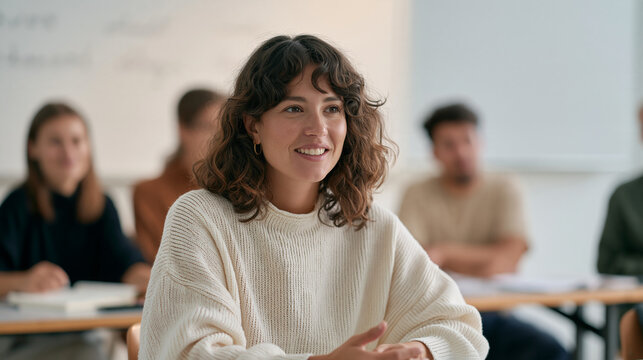 A woman attending her first language class after emigrating, sitting among students from different countries, notebooks open and unfamiliar words written on the board, a welcoming