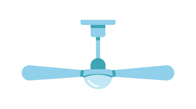 Blue ceiling fan with integrated light fixture isolated against plain white background in vector illustration