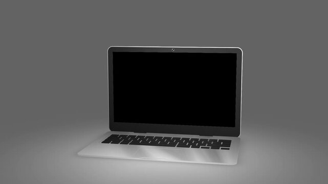 Modern laptop mockup with blank black screen, silver notebook computer on neutral background, isolated digital display template for presentation