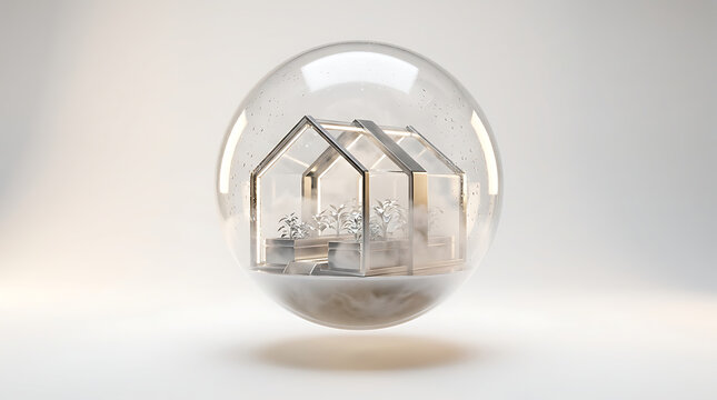 Tiny homes inside a glass orb representing dreams and new beginnings