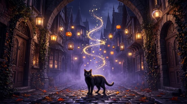 Black Cat in an Alley of Floating Lanterns