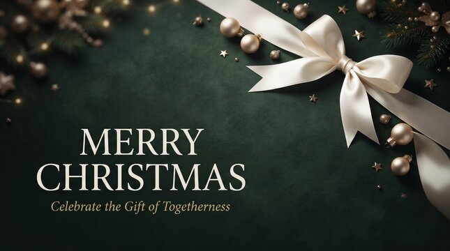 Merry christmas gift ribbon bow on dark glittery background