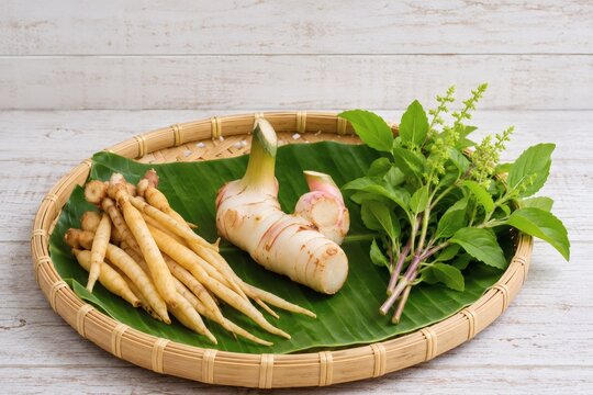 Fresh Thai medicinal herbs on banana leaf in woven bamboo tray