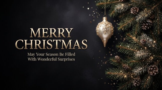 Merry christmas greeting card with decorative bauble and dark forest background