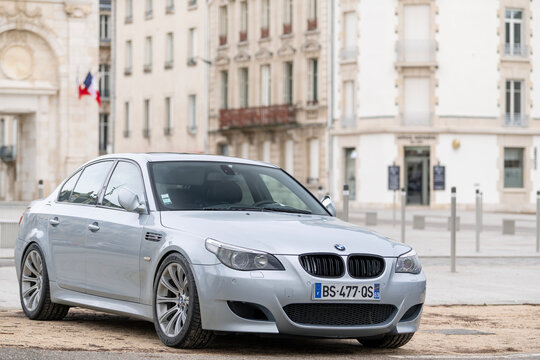 Nancy, France - December 30th 2021 : View on a grey BMW M5 E60 parked on a street.