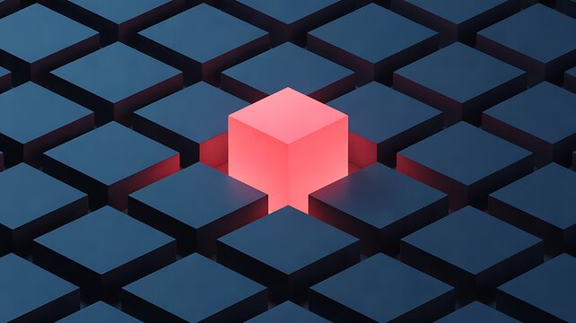 Glowing red cube standing out among uniform dark blue geometric shapes in abstract grid pattern with central cube illuminated 