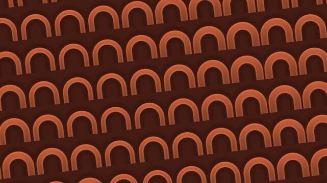 An abstract background featuring a repeating pattern of stylized arches rendered in warm orange tones against a deep dark brown