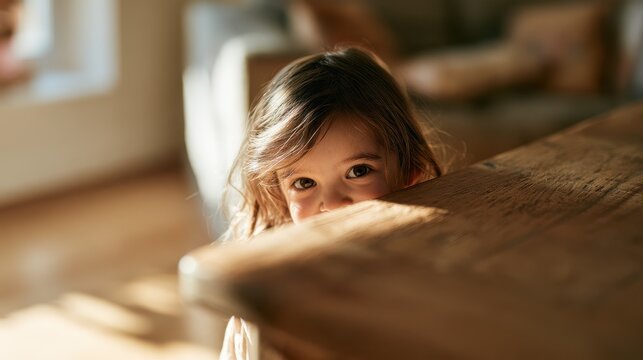 Sweet moment of hiding and discovery: a young girl peeking from behind a table