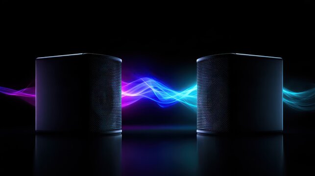 Symmetrical pair of speakers with electric blue and purple waveform across negative space