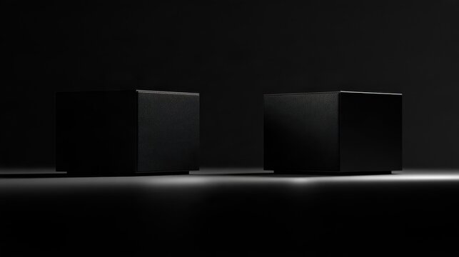Symmetrical still life of two compact speakers against a solid dark backdrop