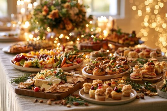 Table full of tasty party foods: vibrant platters, pastries, and fruit arranged for a joyful celebration