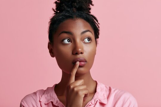 Thoughtful portrait of a young Black woman in a pink shirt with a finger on her lips, gazing upward against a soft pink backdrop