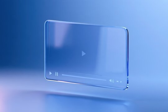 Three-dimensional rendered minimal video player interface on a blue gradient background