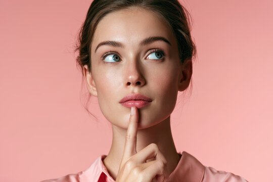 Thoughtful young woman in a pink shirt posed against a soft pink studio backdrop