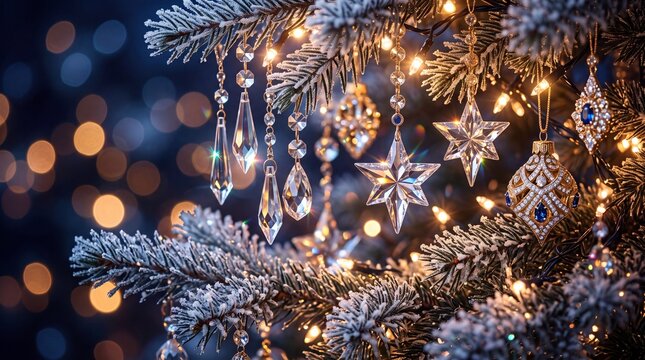 Crystal Ornaments and Lights on Frosted Christmas Tree Branches