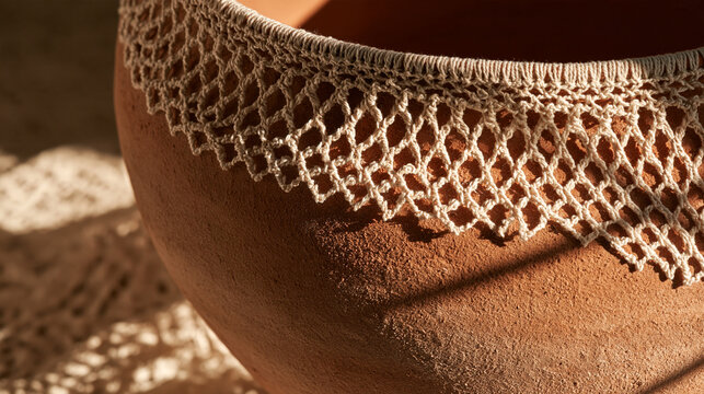 Terracotta Clay Pot Decorated with Handmade Crochet Trim