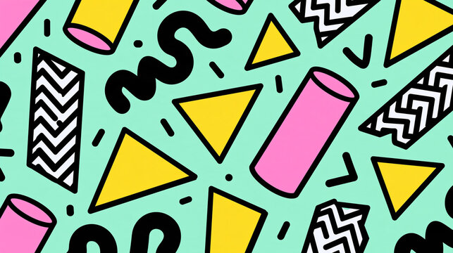 Retro Memphis Geometric Pattern Background with Abstract Shapes