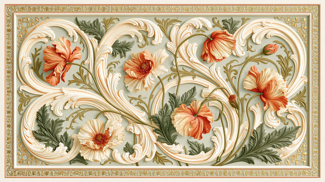 Decorative Bas Relief Panel with Carved Poppies and Flourishes