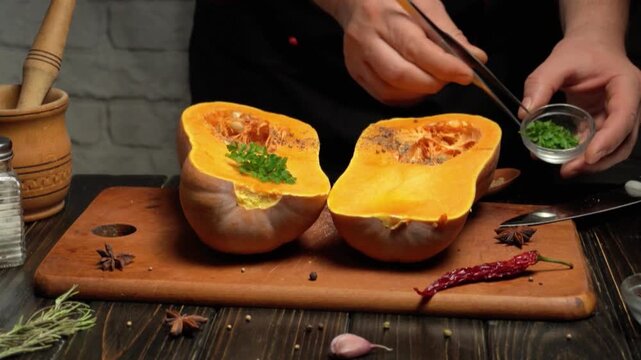 Hands garnish halved pumpkin with fresh herbs using tweezers on a wooden cutting board, surrounded by spices and kitchen tools in a rustic food preparation setting