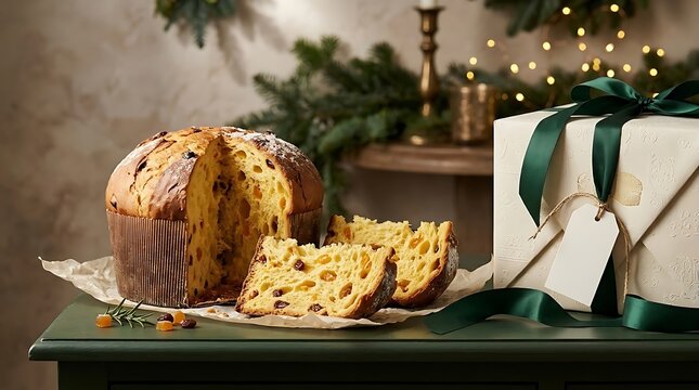 Subject: A premium Italian panettone gifting arrangement featuring a full golden-domed loaf presented beside a few tasting slices, the exposed interior showing a delicate airy crumb enriched with cand