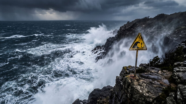 Yellow warning sign on rocky cliff overlooking stormy ocean waves during rain