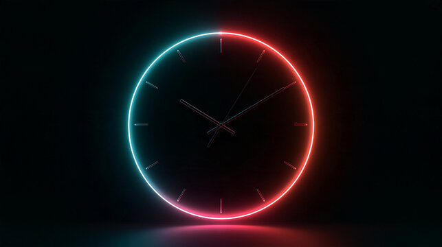 A glowing neon clock with blue and red lights shines in the dark. Perfect concept background for time management and modern design.
