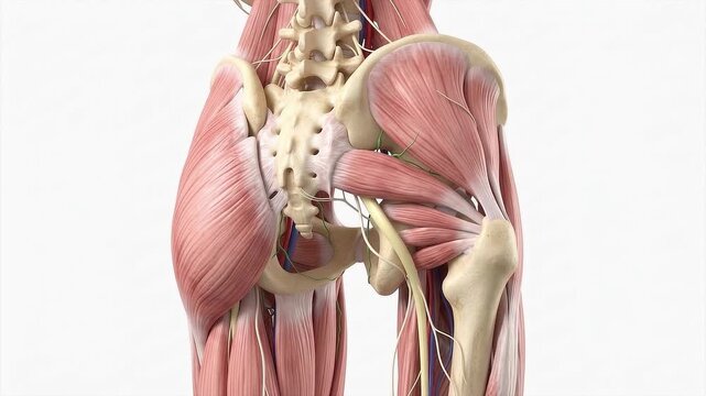 Detailed 3D anatomical showing the human hip joint, pelvis, and upper leg with muscles, bones, nerves, and blood vessels on a white background.