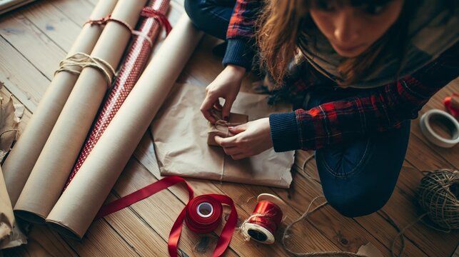 Woman wrapping Christmas gift with brown paper and red ribbon on wooden floor during winter holiday season