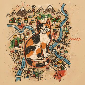 Cute children stylized fairytale city map with a big calico cat, naive art tourist poster digital drawing
