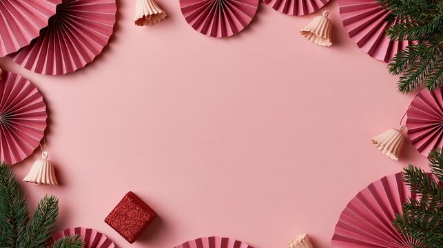 Pink Paper Fan Ornaments and Pine Branches for Christmas Holiday Decoration on Pink Background with Flat Lay Composition