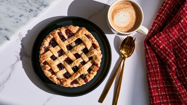 Lattice jam tart on black plate with coffee and gold cutlery for Christmas holiday breakfast on white marble