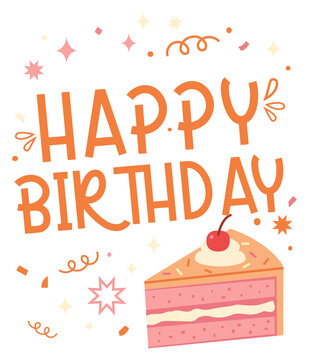 Happy birthday greeting card design featuring a slice of pink layer cake on a yellow background flat element