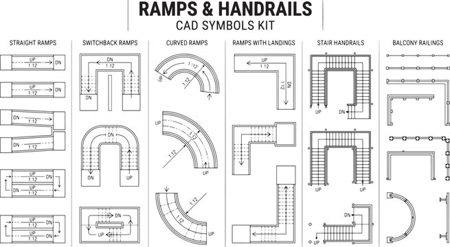 Architectural ramps and handrails CAD symbols kit, floor plan blueprint icons for accessibility design and building layouts