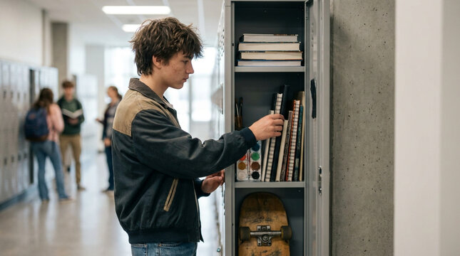 Teen Student Organizing Modern School Locker In Bright Hallway
