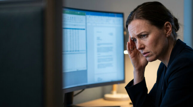 Stressed Corporate Employee Working Late At Modern Office Desk