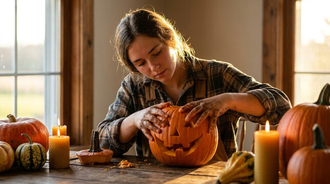 Woman Carving Autumn Pumpkin Indoors During Golden Hour Portrait